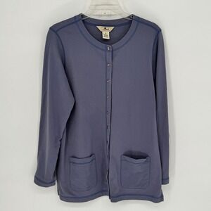 LLBean Womens Cardigan Sweater Size Small Blue Crew Neck Pearl Snap Pockets